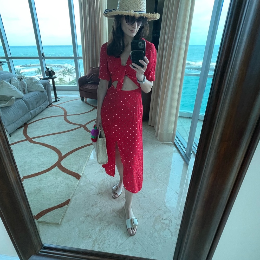 Maje red polka dot tie front dress
